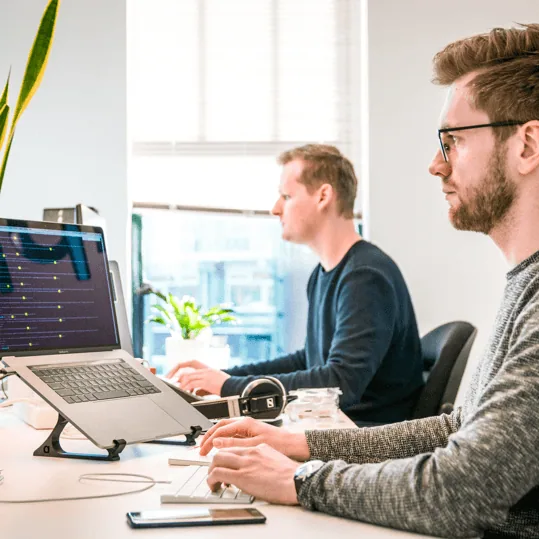 Two colleagues working side by side at their laptops