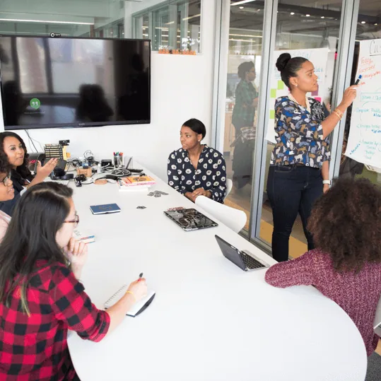 A presenter leading a team discussion around a conference table